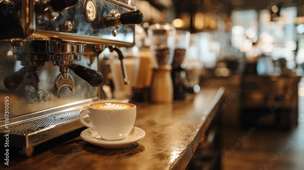 Coffee cup on a wooden counter with espresso machine in cafe Coffee cup on a wooden counter with espresso machine in cafe