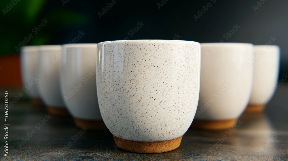 A row of five white ceramic cups with a speckled finish and brown rims. A row of five white ceramic cups with a speckled finish and brown rims.