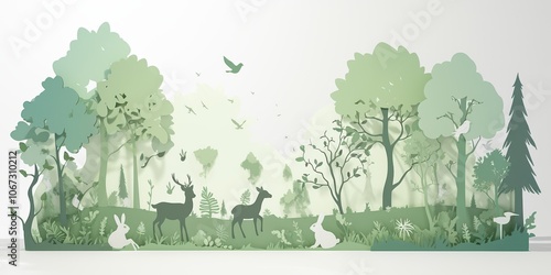 Papercut Forest Scene with Deer  Birds  and Rabbit