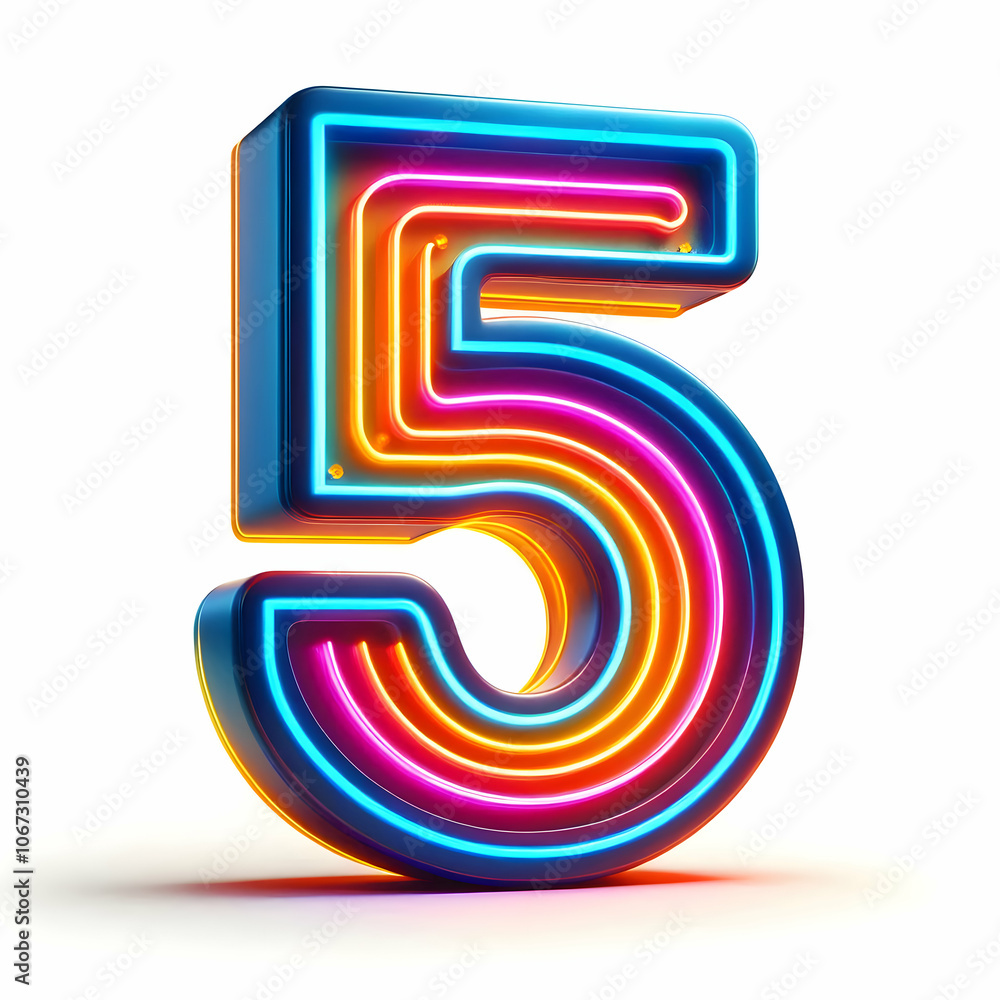3d colorful neon number 5 isolated on white background