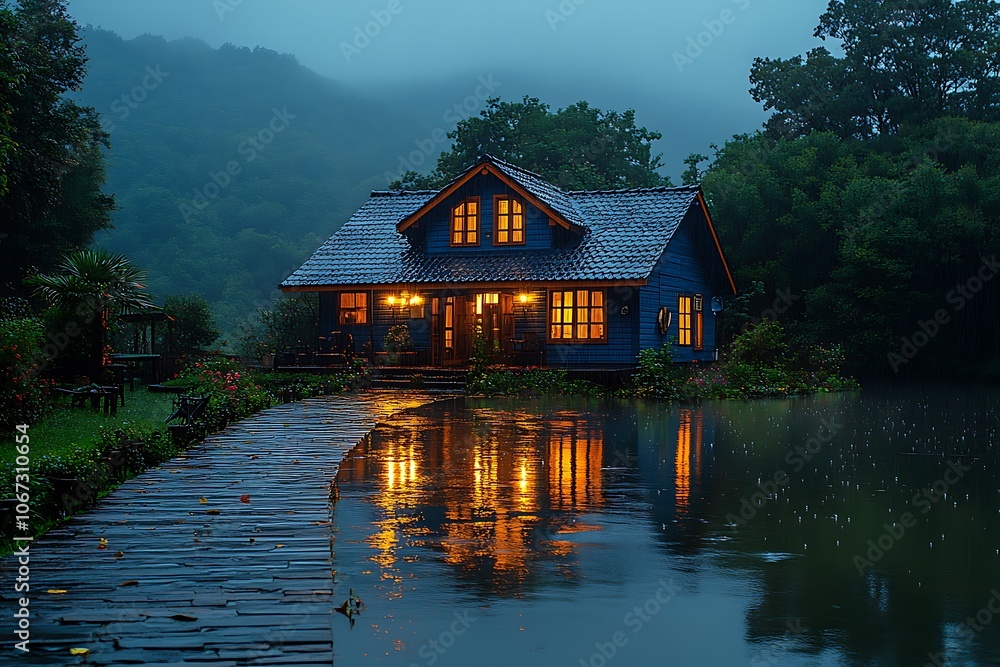 Obraz premium A cozy wooden house by the lake on a rainy evening