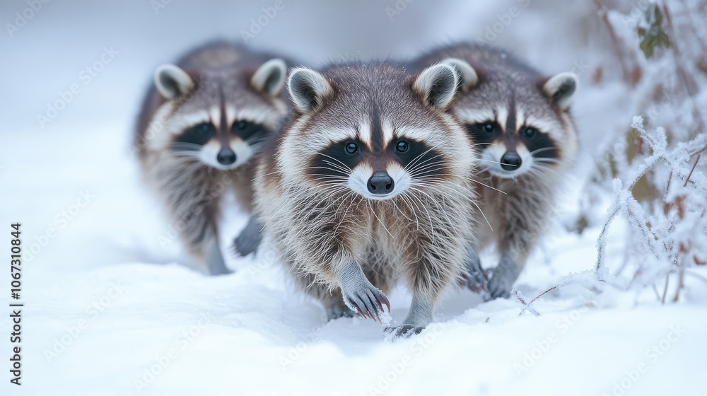 Three raccoons are seen walking together through fresh, snowy terrain, showcasing their distinctive markings against a winter backdrop. Three raccoons are seen walking together through fresh, snowy terrain, showcasing their distinctive markings against a winter backdrop.