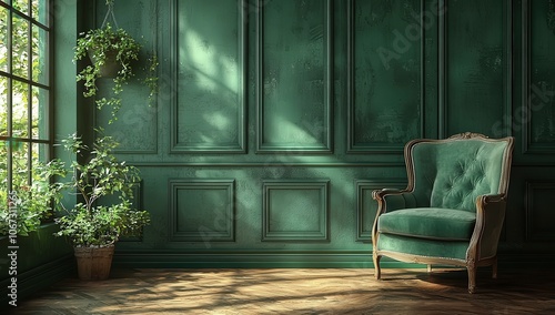 Dark green wall with classic paneling and an armchair in front, creating a sophisticated atmosphere. 