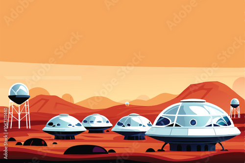 A futuristic Mars colony with docking stations for spacecraft, featuring sleek, modern architecture and advanced technologies.