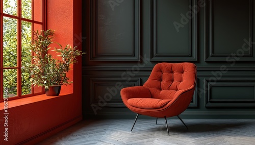 dark green wall with classic paneling and an armchair in front, set against grey wood flooring.