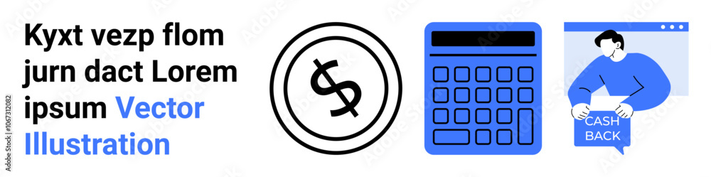 Dollar sign symbol, blue calculator, person holding a Cash Back sign. Ideal for finance, accounting, savings, refunds, online investments, budgeting, and economic reports. Landing page Dollar sign symbol, blue calculator, person holding a Cash Back sign. Ideal for finance, accounting, savings, refunds, online investments, budgeting, and economic reports. Landing page