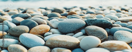 Serene Beach with Smooth Pebbles and Gentle Waves Under a Clear Sky