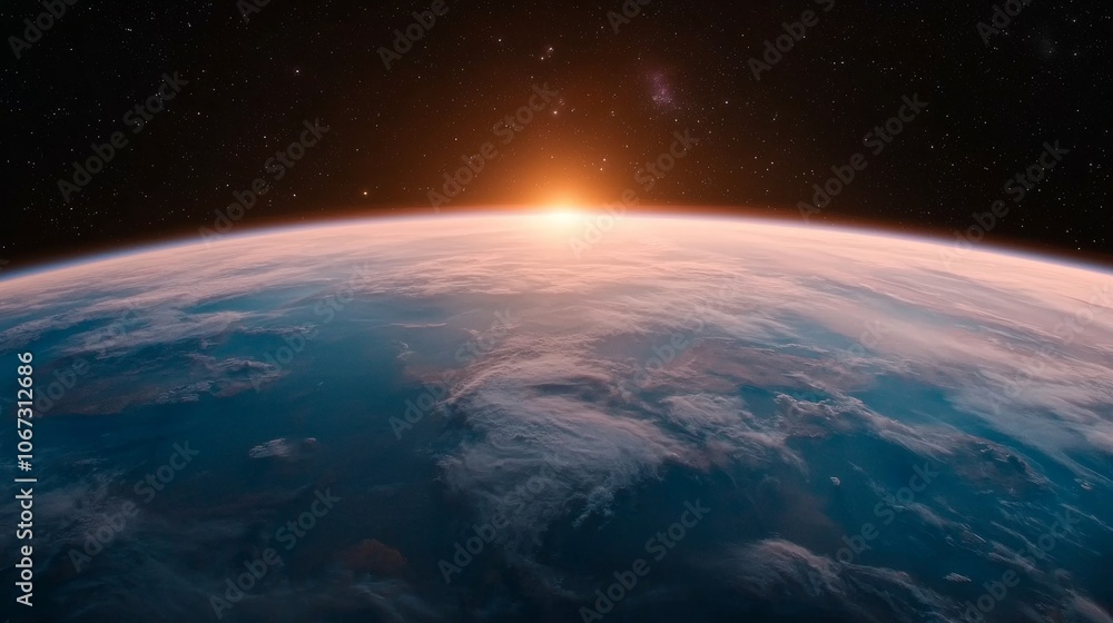 Earth from space with a sunrise over the horizon. Earth from space with a sunrise over the horizon.