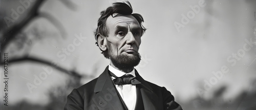 Abraham Lincoln stands confidently, addressing a crowd, delivering the powerful and iconic Gettysburg Address. photo