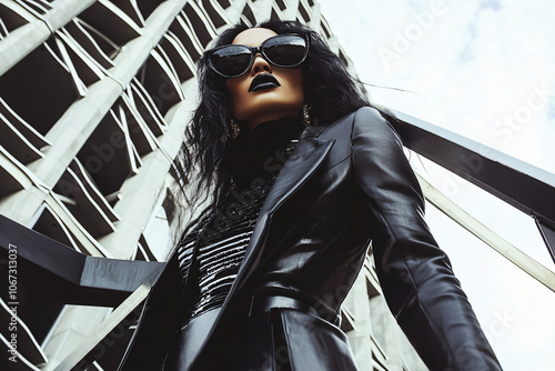 contemporary street style african american fashion model in black outfit, modern building backdrop