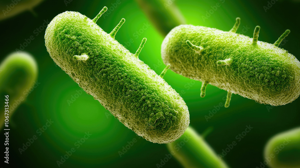 Fototapeta premium Green bacteria under a microscope, showcasing their unique shape and texture in a vibrant, blurred background.