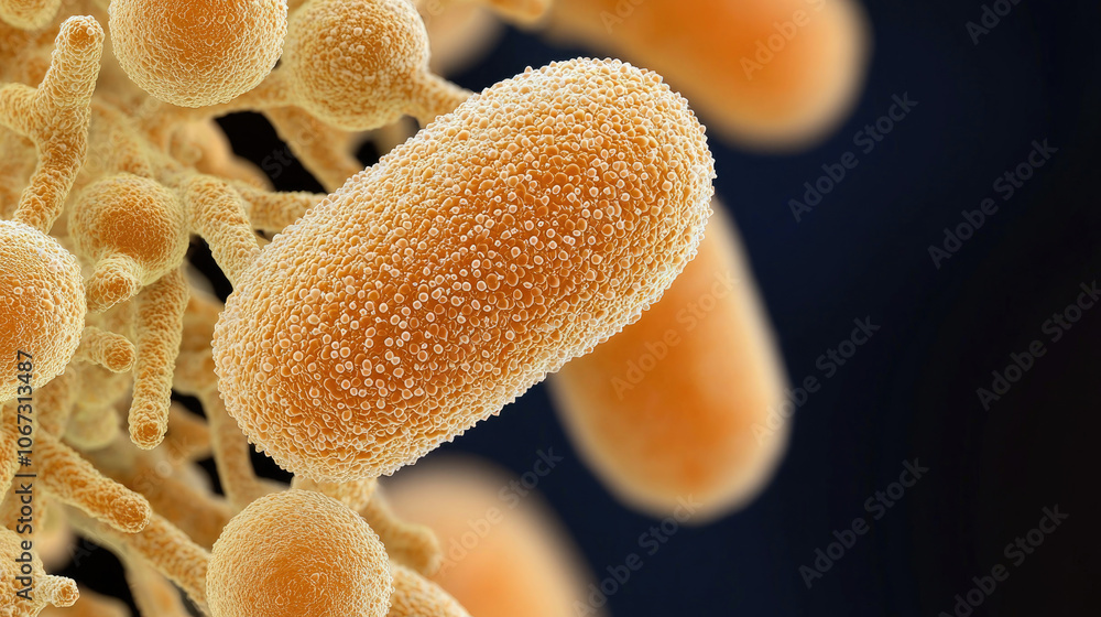 A close-up image of orange bacteria, showcasing their distinct shapes and surface textures under high magnification. A close-up image of orange bacteria, showcasing their distinct shapes and surface textures under high magnification.