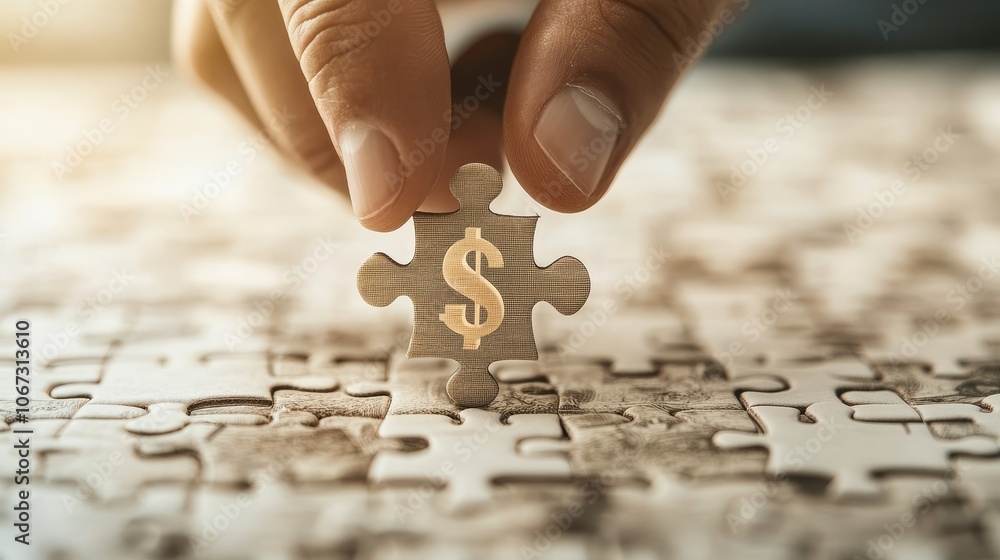 Strategic Investment Puzzle, a businessman fitting a dollar sign piece into a financial puzzle, symbolizing investment and returns