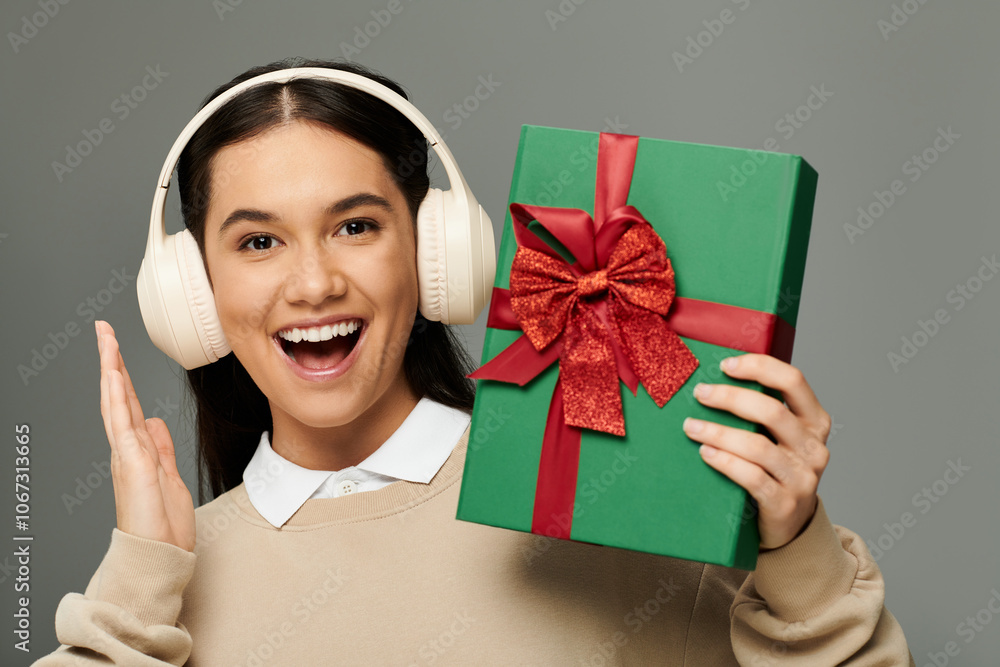 A delighted young woman expresses excitement while holding a beautifully wrapped gift. A delighted young woman expresses excitement while holding a beautifully wrapped gift.