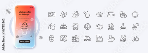 Water drop, Ice cream and Delivery truck line icons for web app. Phone mockup gradient screen. Pack of Voice assistant, Arena stadium, Cleaning pictogram icons. Vector