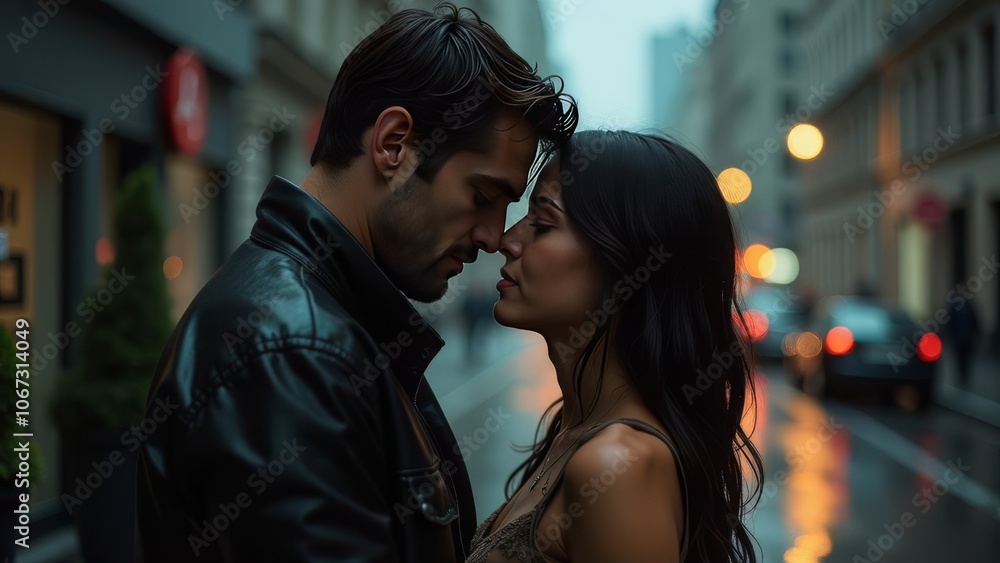 Romantic couple embracing on a rainy evening in the city Romantic couple embracing on a rainy evening in the city