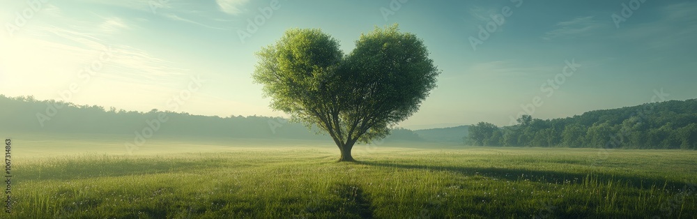 Obraz premium Heart-shaped Tree in Green Meadow with Blue Sky Background