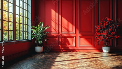 Red wall with paneling and window shadow, empty room interior background. 