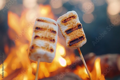 Deliciously toasted marshmallows on sticks against a warm bonfire photo