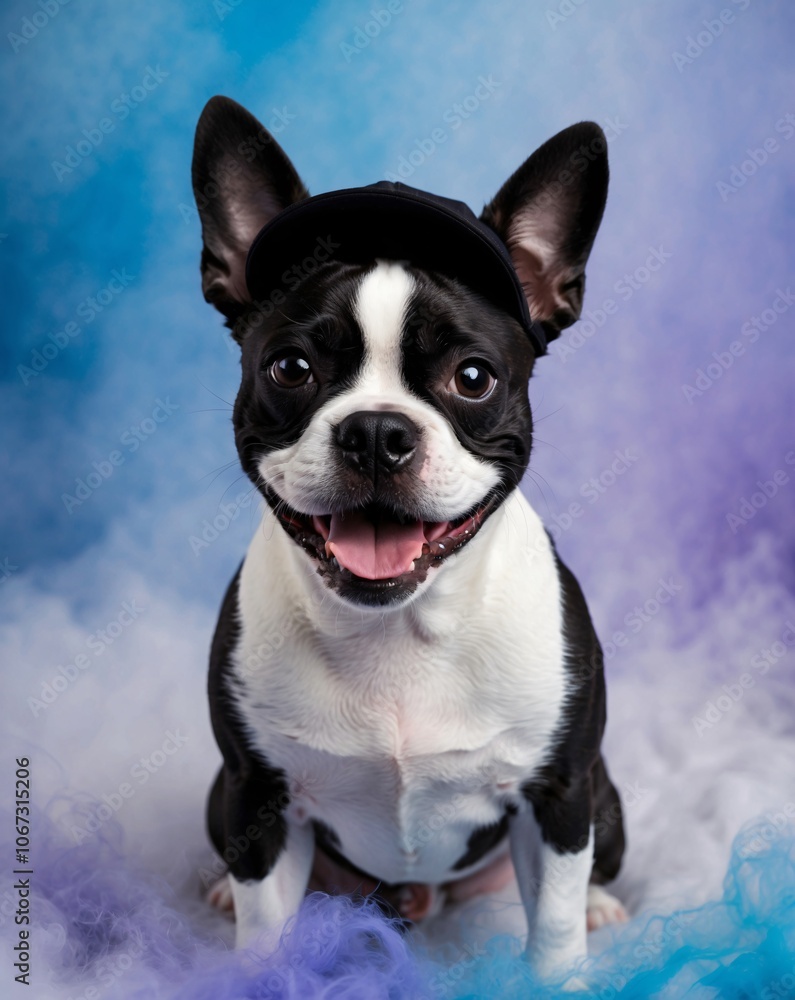 Playful Boston Terrier in Black Cap Against Blue Background Playful Boston Terrier in Black Cap Against Blue Background