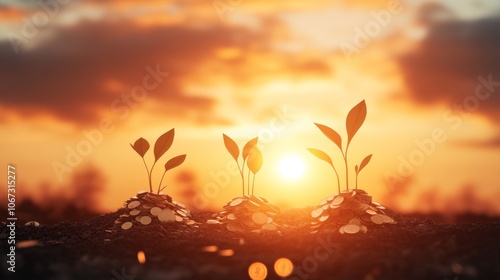 Obraz na płótnie Growing Wealth, digital landscape of towering coin hills, symbolizing investment growth, warm sunset hues, intricate details, inspiring financial optimism w salonie