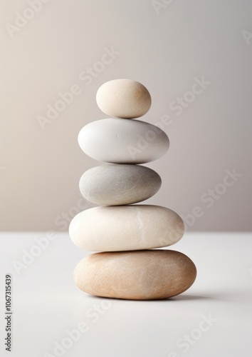 A minimal bunch of rocks sitting on top of a white surface pebble simplicity zen-like.