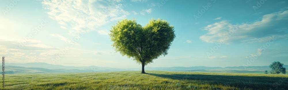 Fototapeta premium Heart-shaped Tree in Green Meadow with Blue Sky Background