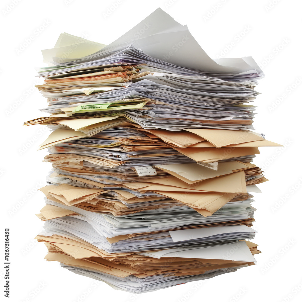 A large pile of disorganized papers in an office A large pile of disorganized papers in an office