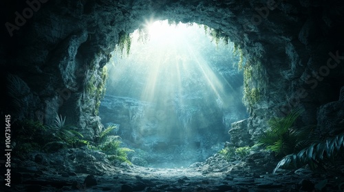 Ancient Cave of Secrets, mysterious entrance adorned with symbols, hidden passageways beckoning explorers to uncover its long-lost stories