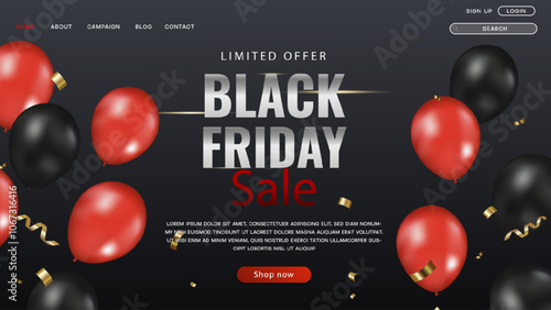 Black Friday sale advertisement with balloons. Vector illustration.