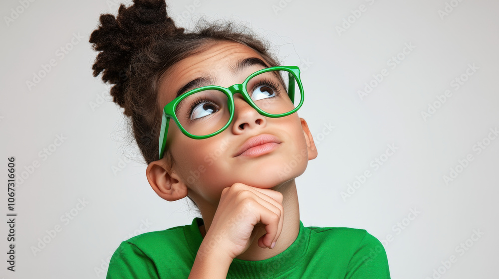 Portrait of a young woman with curly hair and glasses, wearing a green top and looking upwards thoughtfully against a plain background.
Portrait of a young woman with curly hair and glasses, wearing a green top and looking upwards thoughtfully against a plain background.