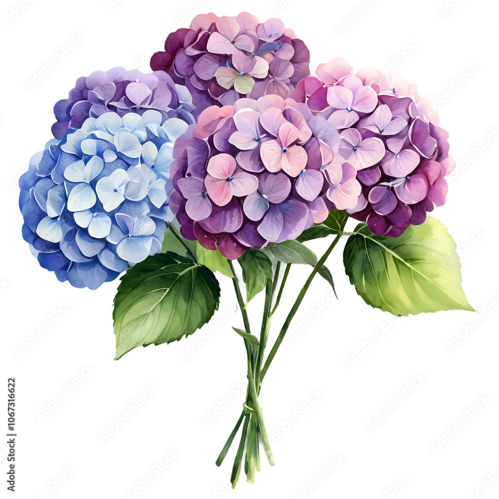 Obraz premium Watercolor, Beautiful hydrangea flowers, Transparency no background PNG.