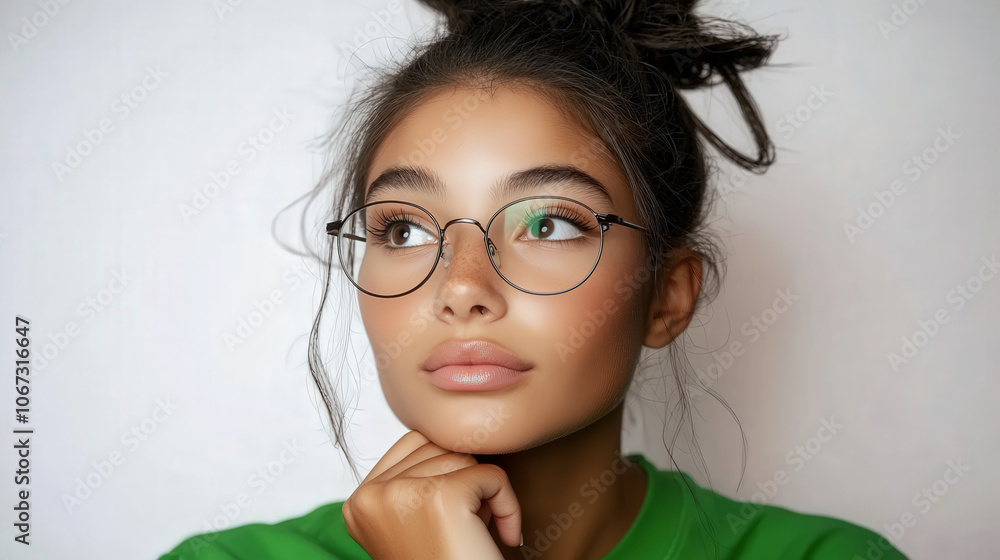 Portrait of a young woman with curly hair and glasses, wearing a green top and looking upwards thoughtfully against a plain background.
Portrait of a young woman with curly hair and glasses, wearing a green top and looking upwards thoughtfully against a plain background.