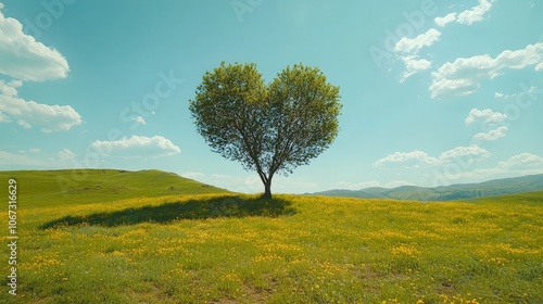 Tree in the shape of a heart under blue sky in springtime, nature and love symbol