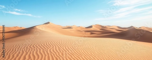 Desert dunes with blue sky blank area for graphics, warm sand tones, nature placeholder, serene desert