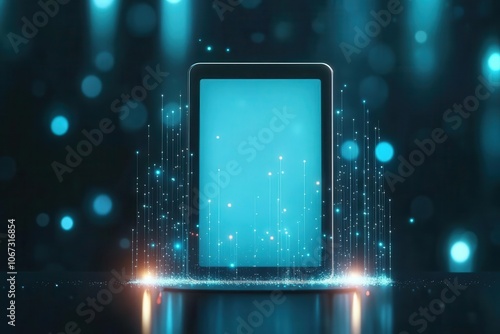 Digital tablet with blank screen, surrounded by business icons, business graphic space, techforward photo