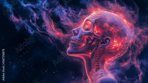 Ethereal fire: surreal skull art in vibrant celestial smoke design for posters