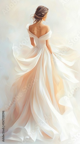 Beautiful digital painting of an elegant bride in a flowing white gown with an off-shoulder design, capturing grace and sophistication with soft, pastel tones.