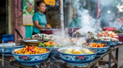 A vibrant Vietnamese street food stall offering steaming bowls of pho and fresh spring rolls photo