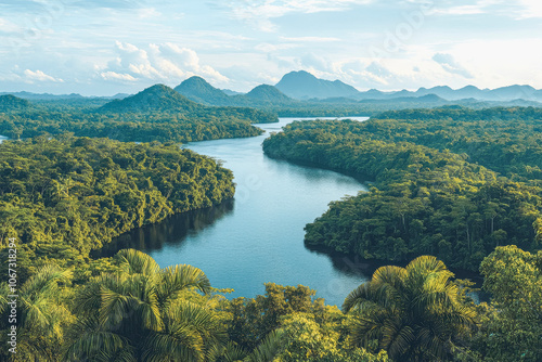 Scenic mountain landscape with lush greenery and serene river view