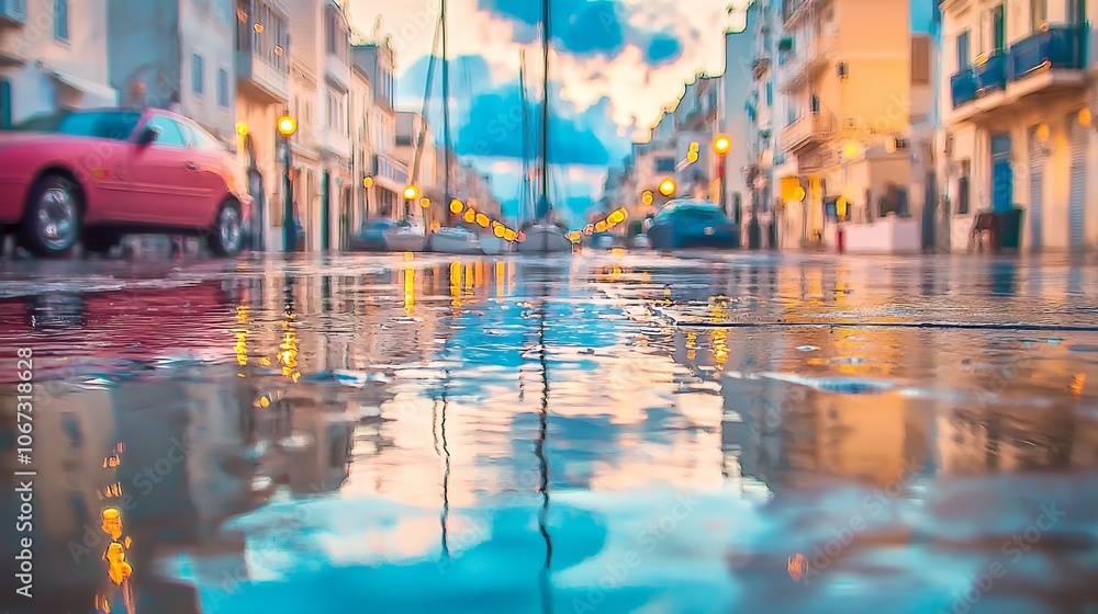 Fototapeta premium A serene street scene reflecting a colorful sky after rain.