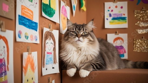 Relaxing Himalayan Cat Near Colorful Child Art Display photo