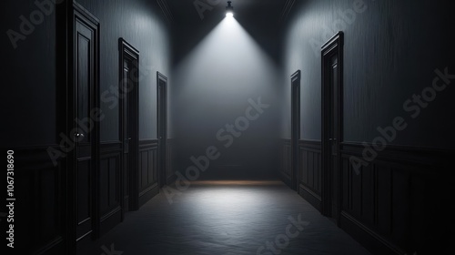 A dimly lit corridor with a single bright spotlight, shrouded in smoky haze