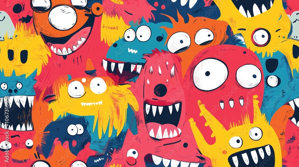 Colorful Seamless Pattern of Monster Doodles with Funny Faces and Expressions for Kids' Designs and Creative Projects Colorful Seamless Pattern of Monster Doodles with Funny Faces and Expressions for Kids' Designs and Creative Projects
