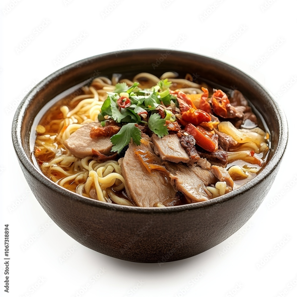 Indonesian Mie Kuah Noodle Soup, Isolated on White Indonesian Mie Kuah Noodle Soup, Isolated on White