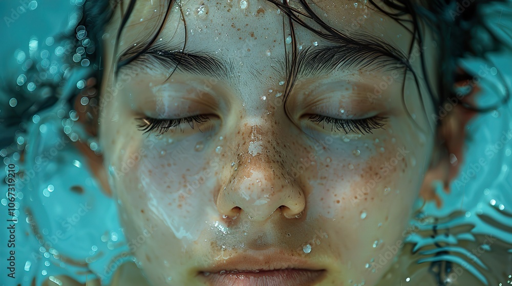 Close-up Portrait of a Young Woman Underwater with Water Drops on Her Face Close-up Portrait of a Young Woman Underwater with Water Drops on Her Face