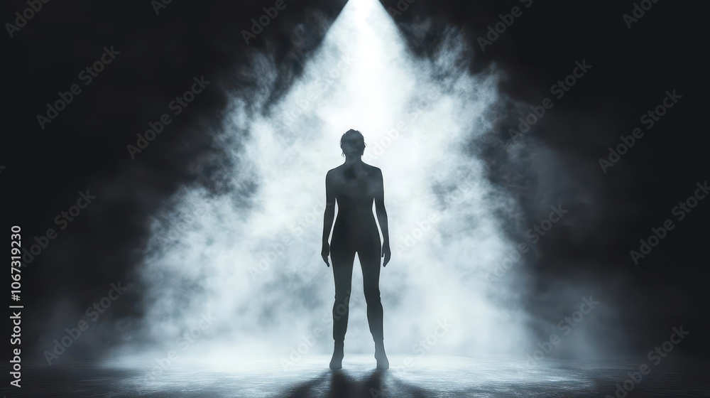 A performer silhouetted against a bright spotlight with smoke surrounding them A performer silhouetted against a bright spotlight with smoke surrounding them