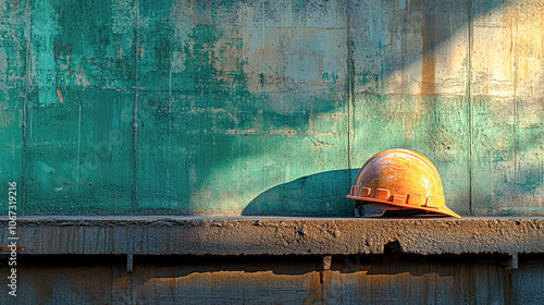 A construction worker's hard hat is sitting on a cement ledge