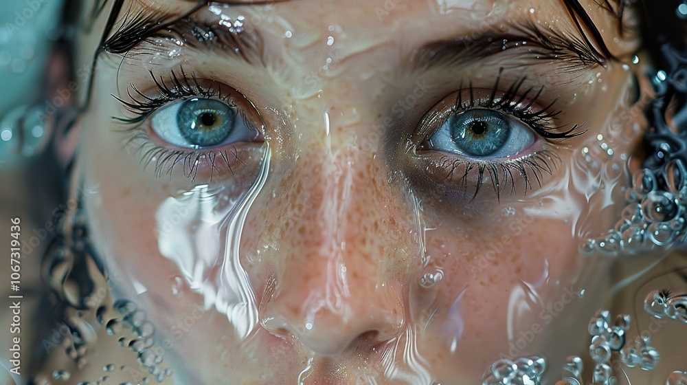 Close-up Portrait of a Woman's Face Underwater with Water Droplets Close-up Portrait of a Woman's Face Underwater with Water Droplets