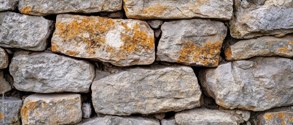 A close-up view of a textured stone wall with moss and lichen. A close-up view of a textured stone wall with moss and lichen.